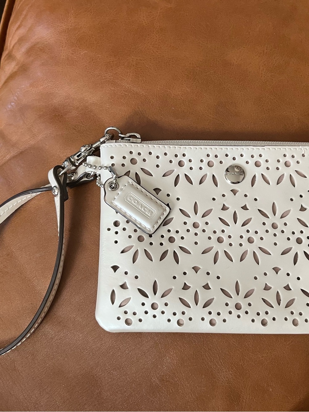 Coach White Laser-Cut Leather Wristlet with Detachable Strap